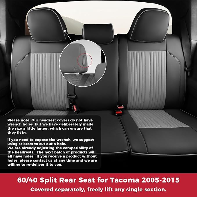 FREESOO Custom Fit for Toyota Tacoma Seat Covers, Front & Rear Fit 2005-2015 Full Coverage Waterproof Leather Automotive Seat Covers, Tacoma Seat Covers Pickup Seat Protector (5 Seats, BlackGrey)