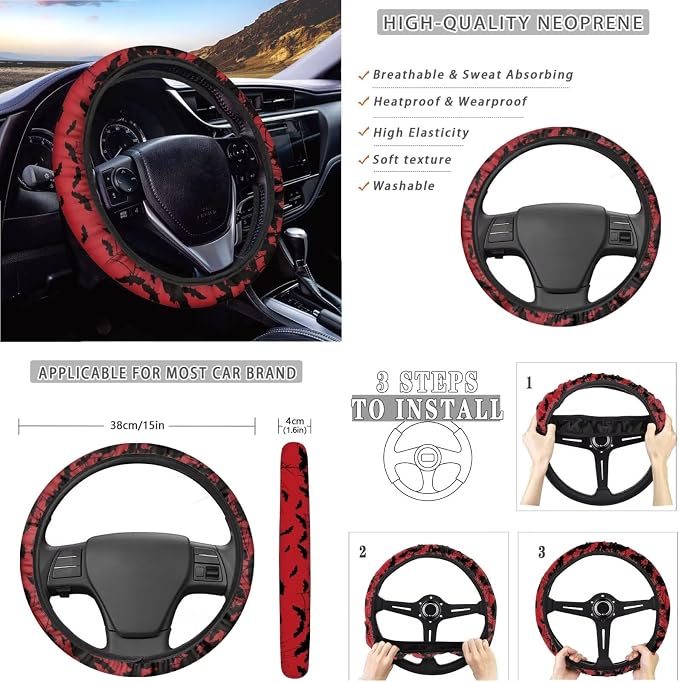 Bat Print Car Seat Covers Full Set High Back Bucket Seat Covers with Steering Wheel Cover Center Console Armrest Pad Seatbelt Pads Car Rear View Mirror Protector Garbage Bag