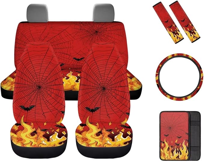 Flame Spiderweb Bats Car Interior Accessories Set of 8, Car Seat Covers Full Set with Auto Steering Wheel Cover Center Console Pad Seat Belt Covers, Auto Halloween Decorations