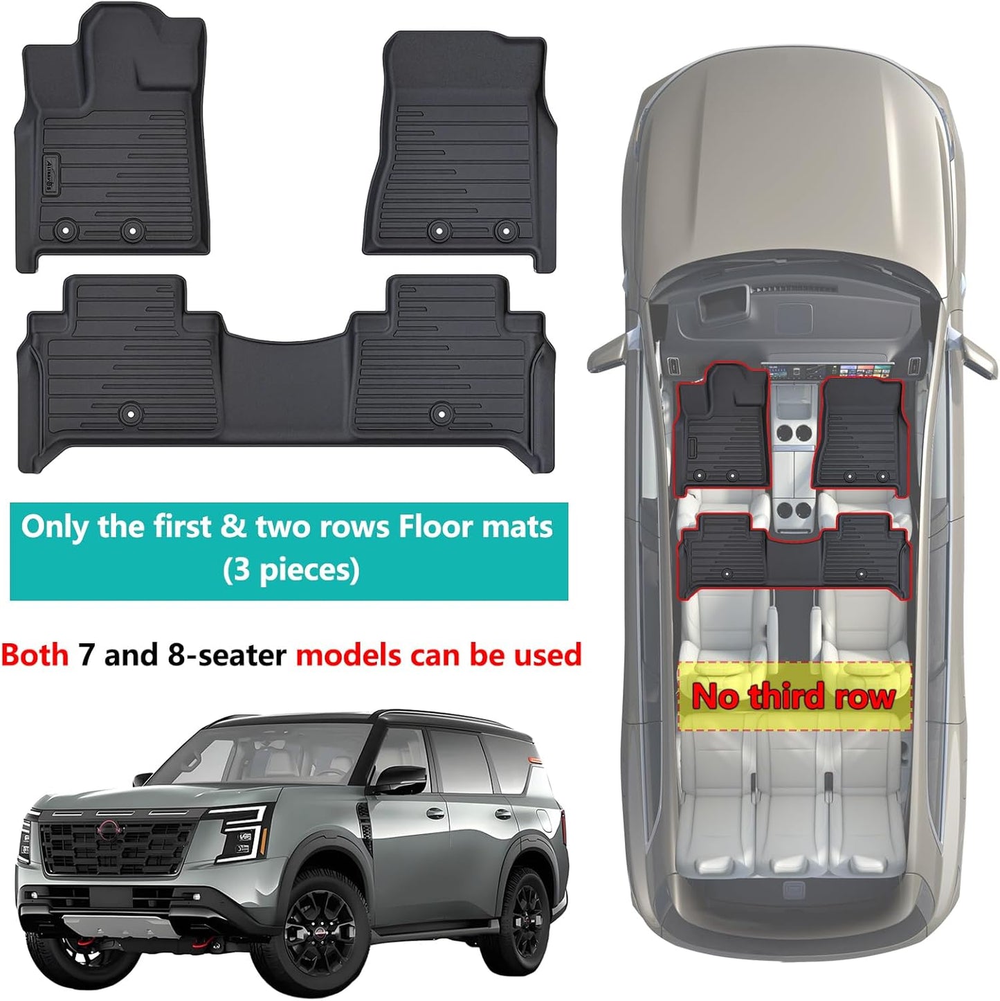 2 Rows Floor Mats for 2025 Nissan Armada 7 and 8 Passenger Models,TPE All Weather Protection Car Floor Liners Accessories | Front & Second Rows, 3-Pc