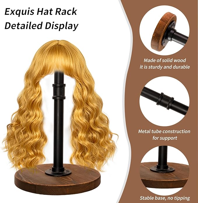 exquis Adjustable Helmet & Hat Display Stand – Rustic Wood Base with Matte Black Metal Rod, Height Adjustable 12"–17.5", Set of 1