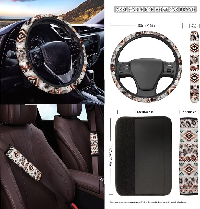 Wanyint Car Seat Cover Covers with Steering Wheel Seat Belt Strap Pad Trash Bag Phone Holder Rearview Mirror Accessories Cup Holder Key Chain Auto Decor, 15 Pack, Aztec Navajo Leopard Print