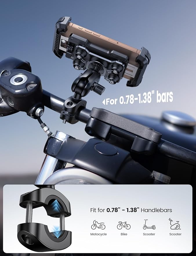 Lamicall Motorcycle Phone Mount Holder - [Dual Vibration Dampener] [Metal Adjustment Arm] Motorcycle Cell Phone Holder, Bike Handlebar Phone Mount, Gifts for iPhone 16 15 14 Pro Max, 4.7-6.7" Phones