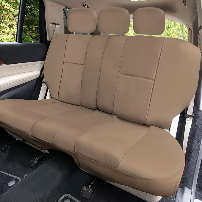 FH Group Car Seat Cover Airbag Compatible Full Set Beige Premium PU Leather - Split Bench Combo Vinyl Floor Mats Seat Covers Interior Accessories Universal Fit for Cars Trucks SUV