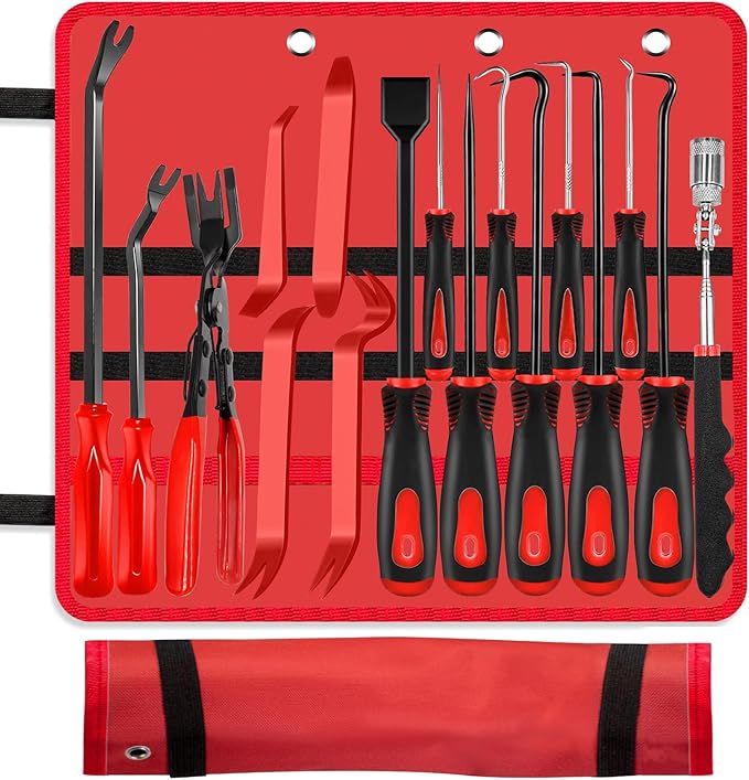 XBVV 17 Pcs Pick and Hook Set with Trim Removal Tool, Clip Pliers, Fastener Remover,Scraper,and Magnetic Telescoping Tool Kit for Repair Automotive,Upholstery and Electronics Maintenance Pick Tools