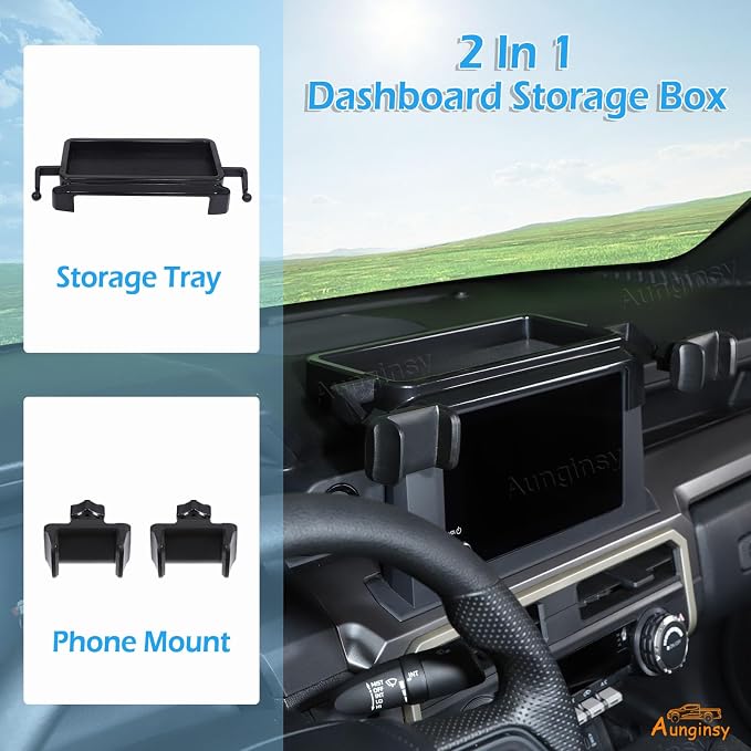 Car Center Console Dash Storage Tray With Phone Holder Compatible with Toyota Tacoma 2024 2025 2026, Dashboard Organizer Tray Mobile Phone Mount Storage Box Insert Accessories, Only Fit 8-inch Screen