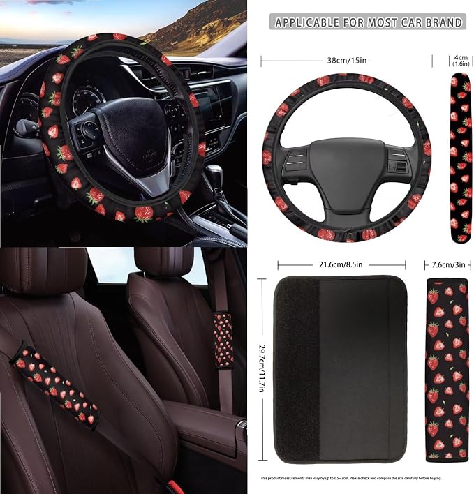 Strawberry Print Car Seat Covers Full Set with Accessories for Women, Decorative Auto Accessories Include Steering Wheel Cover Safety Belt Pads Rearview Mirror Cover Cup Mats