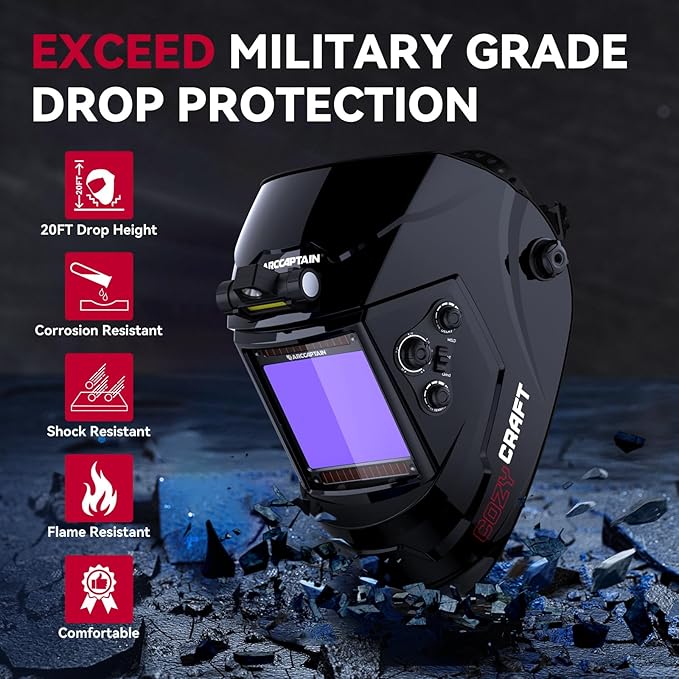 ARCCAPTAIN Large View 3.94" x 3.66" True Color Auto Darkening Welding Helmet with Light, Solar Powered Welding Hood, 4 Arc Sensor Wide Shade 4/5-9/9-13 for Stick MIG TIG Cut,Glossy Black