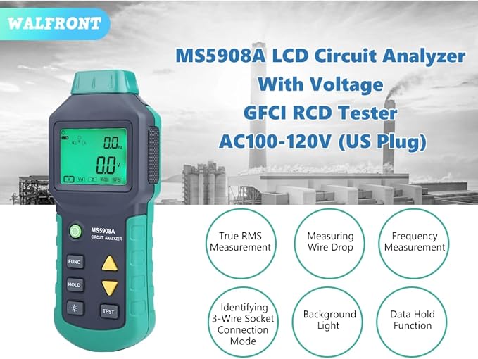 Circuit Analyzer AC100-240V RMS Circuit Analyzer Tester MS5908A LCD Circuit Analyzer, Voltage Detector GFCI RCD Fault Tester (MS5908A US Plug)
