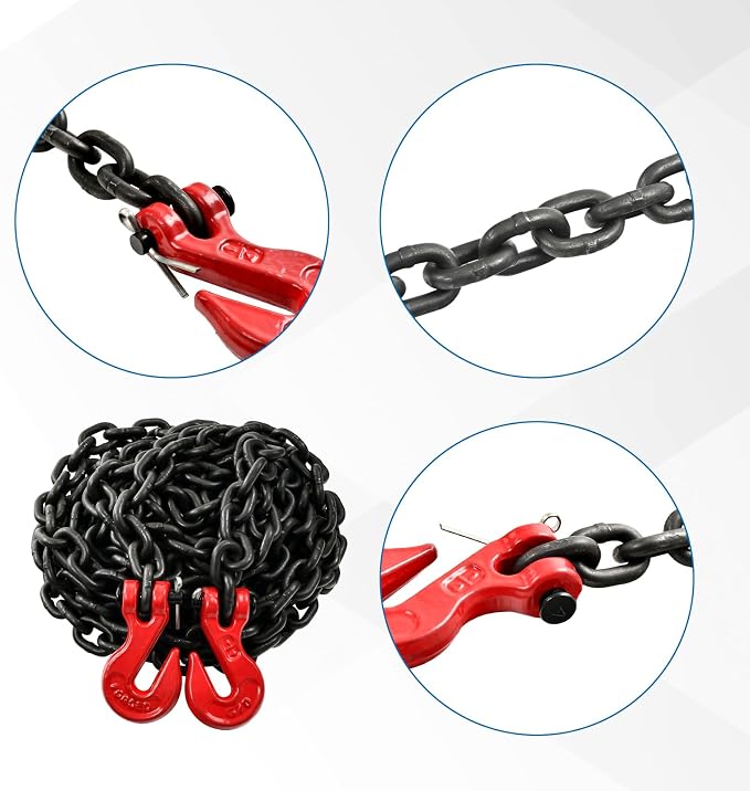 1/4 Inch x 20 Feet Transport Binder Chain G80 Safey Tow Chain with Red Grab Hooks 3300 Lbs Safe Work Load for Transporting Towing Tie Down Binding Equipment