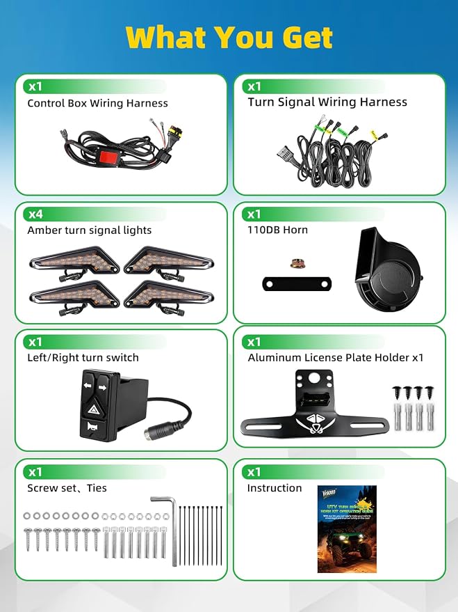 UTV Turn Signal Kit with 110D Horn, License Plate Holder w/Light, Universal UTV/ATV Blinker kit with Integrated Rocker Switch, Pre-Wired, Plug & Play Compatible with Polaris, Can-Am, CFMOTO