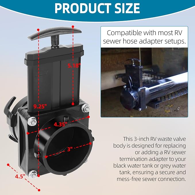 TonGass 3-Inch RV Waste Valve Body with Handle, Durable RV Sewer Valve Replacement for Campers, Trailers, and Motorhomes, Mess-Free Water Valves, Heavy-Duty Camper Sewer Pipe Fitting - Black