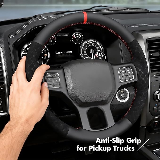 MEWANT Hand Stitch Steering Wheel Cover for 1500 2012-2018 1500 Classic 2019-2023 2500 3500 5500 2012-2018 Black Genuine Leather Diamond Embossed Athsuede Interior Accessories