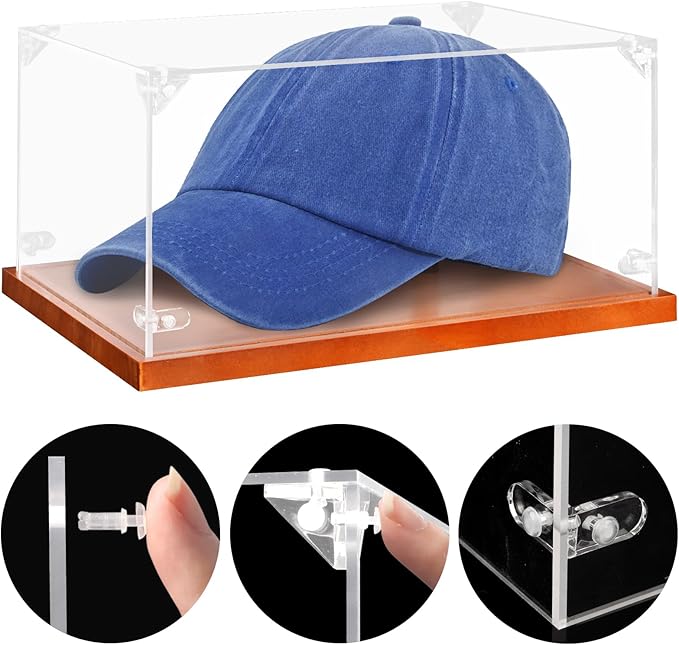 Clear Acrylic Hat Display Case with Wood Base & Tee, Memorabilia Stand Cube Holder, Dust Protection Transparent Storage Box for Single Hat Souvenir Hats Collections