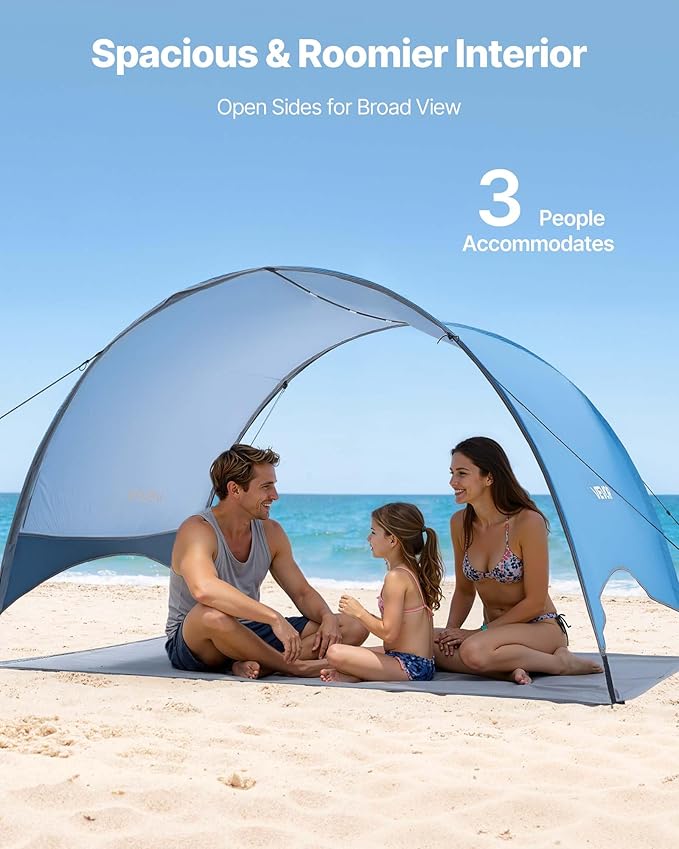 VEVOR Beach Tent Sun Shelter for 3 Person, UPF 50+, Portable Sun Shade Beach with Carrying Bag & Ground Stakes, Lightweight and Easy Setup Beach Umbrella for Camping Fishing Outdoor Picnic