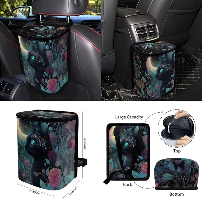 Black Cat Print Car Seat Covers Full Set with Accessories Moon Flower Print Car Front and Rear Seat Covers Steering Wheel Cover Safety Belt Pads Inside Rearview Mirror Cover