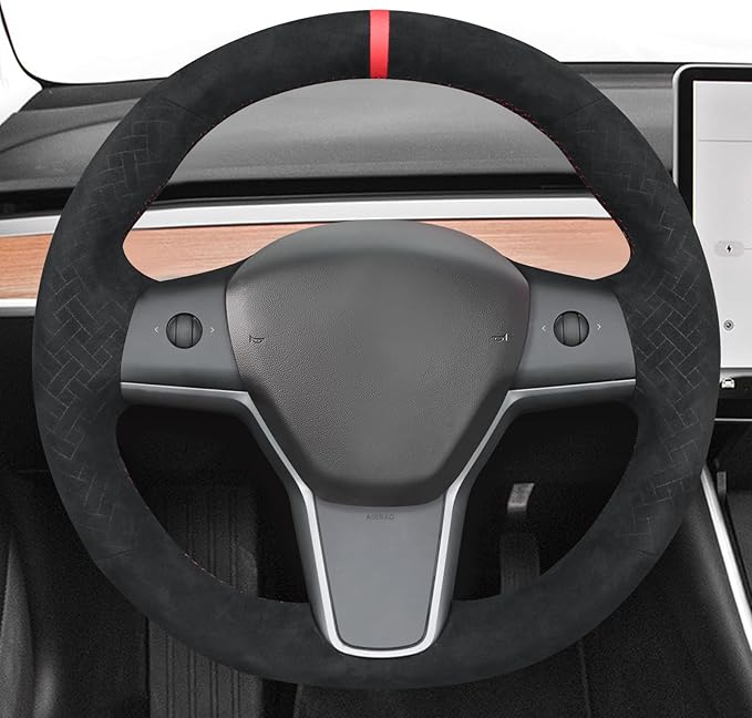 MEWANT Hand Stitch Black Woven Embossed Athsuede Steering Wheel Cover Wrap for Tesla Model Y 2023 Model 3 2017-2023