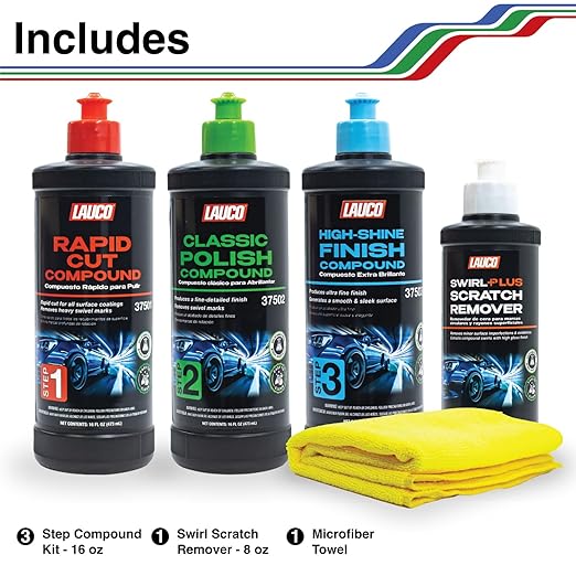 LAUCO Paint Correction Compounds Step 1, 2, 3 – 16oz, Swirl Remover 8oz Kits, with a Towel, Silicone-Free, Clear Coat Safe Scratch Remover, Swirl Correction & High Gloss Finishing 36424