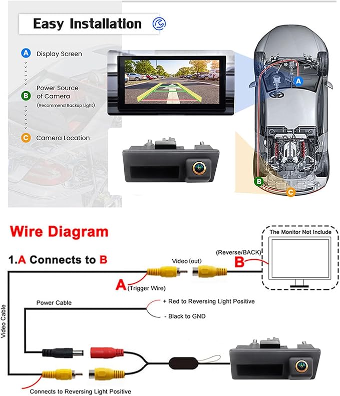 Vehicle Backup Camera CCD Compatible for Audi A4 A4L A3 S4 RS4 B9 for VW Lavida Plus Skoda Car Rear View Reverse Parking Fisheye Lens Car Trunk Handle Camera with Moving Guide Parking line