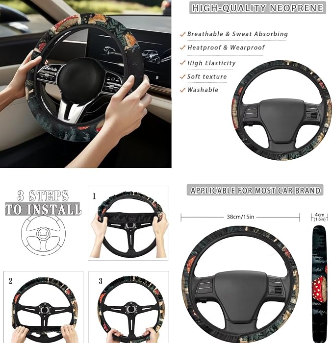 8 Pcs Moon Mushroom Car Seat Covers Full Set Car Accessories for Women Front Seat Cover Steering Wheel Armrest Cover Seat Belt Cover for Auto SUV Interior Decoration