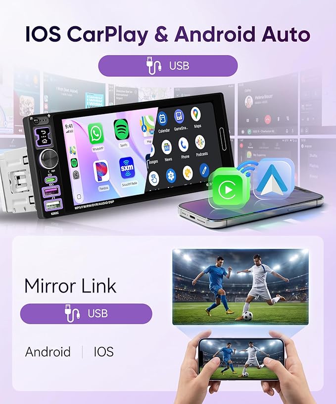 Car Stereo Single Din CarPlay Android Auto, 1 Din Car Radio Bluetooth 5.2, 6.9" IPS Touchscreen Car Radio with Backup Camera, Mirror Link, SWC, FM/EQ, USB & Type-C