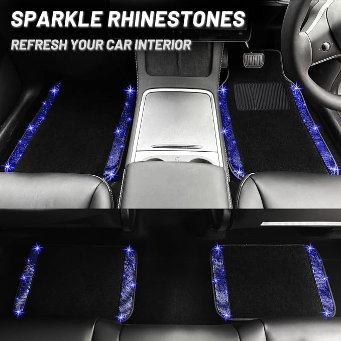 NBTEPEM 12 Pcs Bling Car Accessories Set for Women Car Floor Mats Full Set Steering Wheel Cover Seat Belt Covers Coasters Universal Fit Car SUV Truck Van Blue