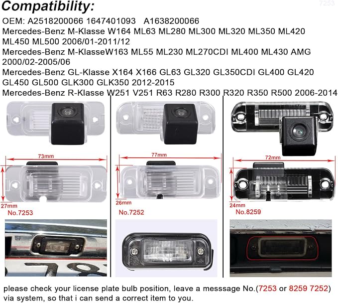 Car Camera Replacement for MB X164 X166 GL63 GL320 GL350 GL400 GL420 GL450 GL500 GLK300 350 W163 W251 V251 R63 R280 R300 R320 R350 R500 W164 ML63 ML280 300 320 350 420 450 ML55 230 270 400 ML430