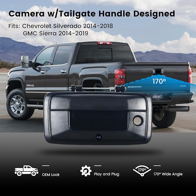 Dasaita Tailgate Handle Reverse Camera for Chevrolet Silverado GMC Sierra 2014 2015, Only Fit 1080P Navigation, Real AHD 1080P Rear View Camera Backup Camera with Wiring Harness, 170° Wide Angle