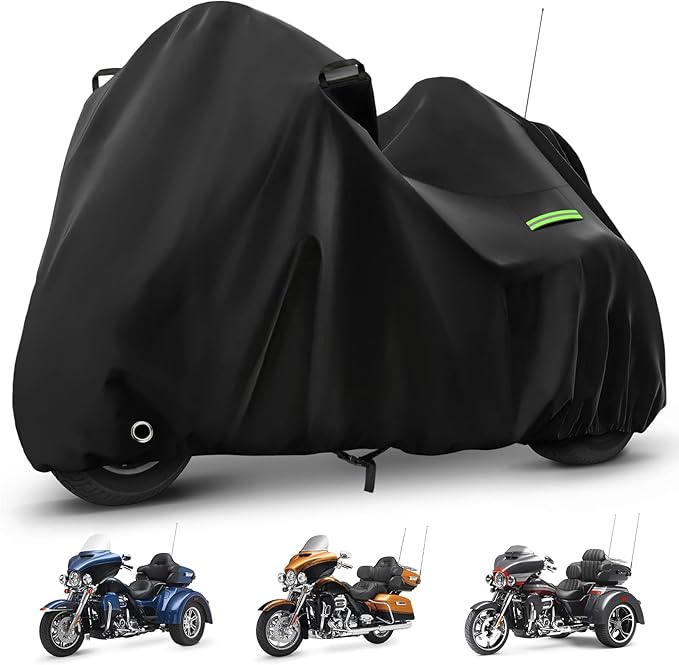 Motorcycle Cover Waterproof for Trike Models Freewheeler/CVO Version/Tri Glide Ultra/Gold Wing Trike, Heavy Duty Sun Rain Outdoor Protection Motorbike Cover with Antenna Zipper & Soft Cotton Lining