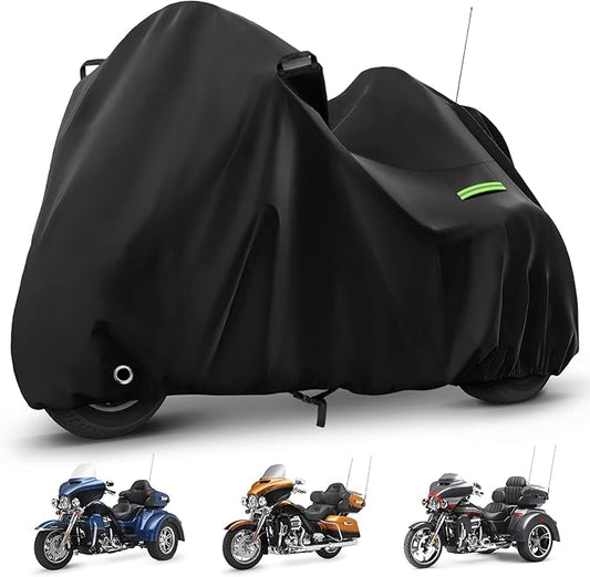 Motorcycle Cover Waterproof for Trike Models Freewheeler/CVO Version/Tri Glide Ultra/Gold Wing Trike, Heavy Duty Sun Rain Outdoor Protection Motorbike Cover with Antenna Zipper & Soft Cotton Lining