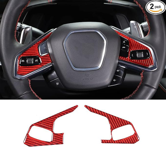 Steering Wheel Button Cover Compatible with Chevrolet Corvette C8 2020-2023, Steering Wheel Frame Trim, Car Steering Wheel Panel Protection Frame Molding Sticker (Red soft carbon fiber 3 holes)