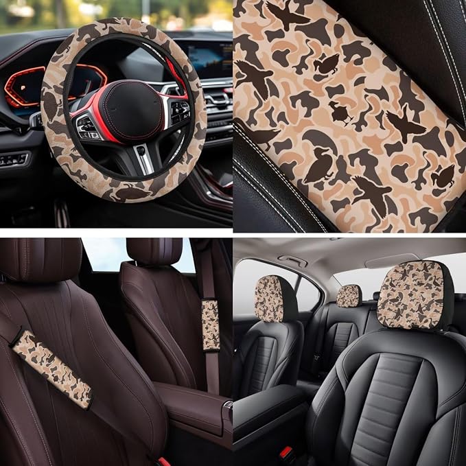Bulopur Duck Hunting Camo Auto Seat Covers Set with Matching 15 Inch Steering Wheel Cover Stretchy Armrest Cover Soft Seat Headrest Cover 14 Pieces Car Interior Accessories Set