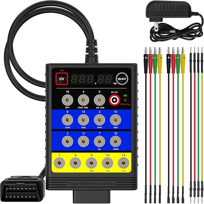 ELMCONFIG Super OBD2 Breakout Box, 16 Pin Automotive Diagnostic Tool, Voltage Constant Tool with Short Circuit Protection, Automotive Circuit Tester with 12 Extension Cables for ECU Bench Testing