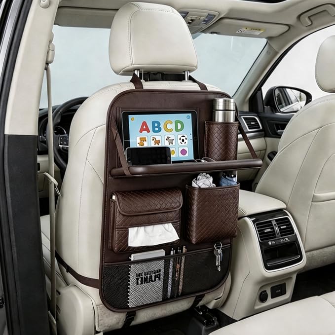 Premium PU Leather Car Seat Back Organizer with Foldable Tray & Transparent Touch Screen Tablet Pouch, Travel Accessories with Storage Bin, Cup Holder, Tissue Pocket, Hook, Fit SUV Sedan Truck (Brown)
