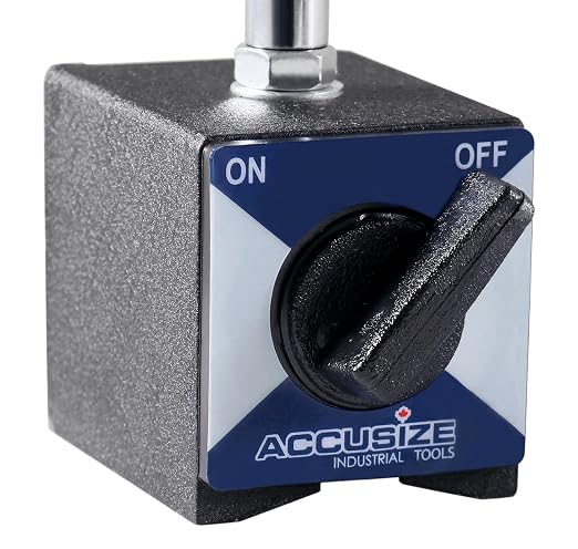 Accusize Industrial Tools 110 lbs Magnetic Base for Industrial Precision Indicators, with Fine Adjustment in Strong Cardboard Box, P900-S301 | On/Off Switch, V-Groove Bottom, M8 x 1.25 mm Tapped Hole, 2.28" x 1.96" x 2.16"