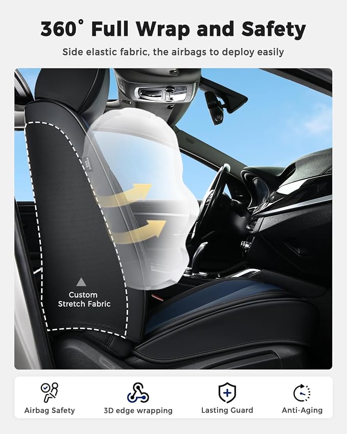 Huidasource Universal Car Seat Covers, Waterproof Faux Leather, Airbag Friendly, Easy Installation, Unobstructed Cup Holders, Scratch Resistant for Family Trips, Black & Blue