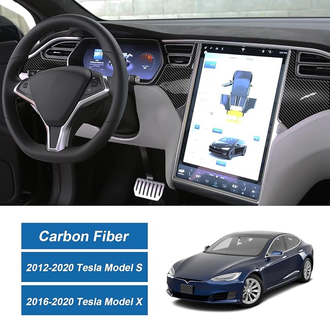 8PCS Real Carbon Fiber Center Console Dashboard Panel Trim Compatible with 2012–2020 Tesla Model S & 2016–2020 Model X, Interior Decor Sticker Accessories