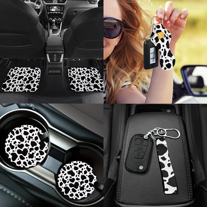 Cow Print Car Seat Covers Set 17 Pack,Cute Cow Print Car Accessories Set Full Sets with Vehicle Front Rear Carpets Mats,Steering Wheel Covers,Seat Belt Shoulder Pad Universal Fit Most Car SUV