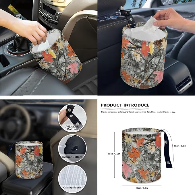 Camo Maple Leaf 15Pcs Car Seat Cover Full Set Car Steering Wheel Cover Seat Belt Cover Trash Bin Front Rear View Mirror Car Cup Holder Keychain