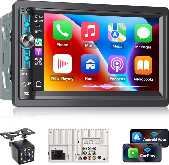7" Double Din Car Stereo with Wireless Apple CarPlay & Android Auto, Bluetooth, 240W Output, SWC, Dual Subwoofer Support, Mirror Link, FM/AM Radio Receiver, USB-C/AUX/TF Ports,Backup Camera
