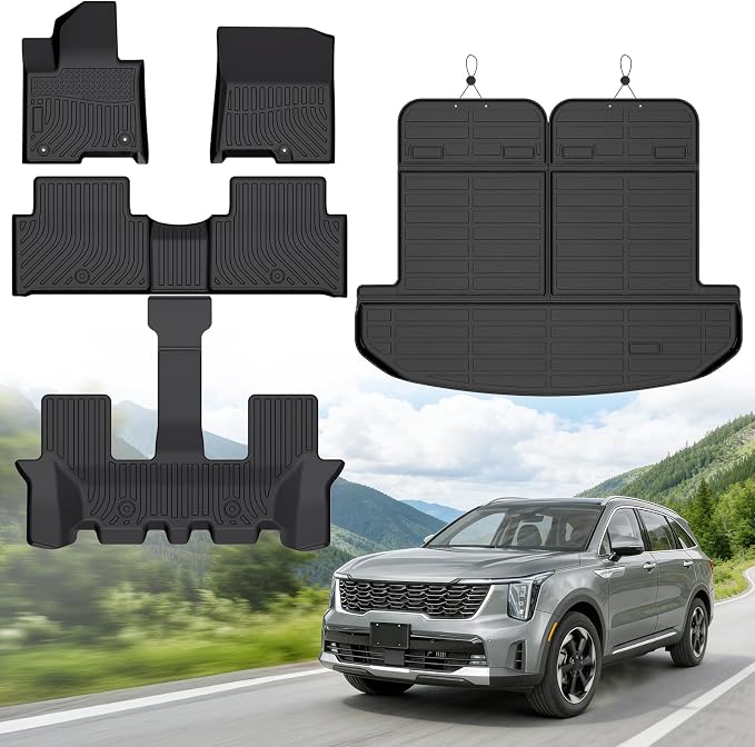 Floor Mats for Kia Sorento Hybrid 6 & 7 Passenger 2021-2026 (Only for HEV & PHEV, Not for Fuel), Heavy Duty TPE All Weather Protection Waterproof Non-Slip (Floor Mats & Cargo Liner & Seatback Mat)