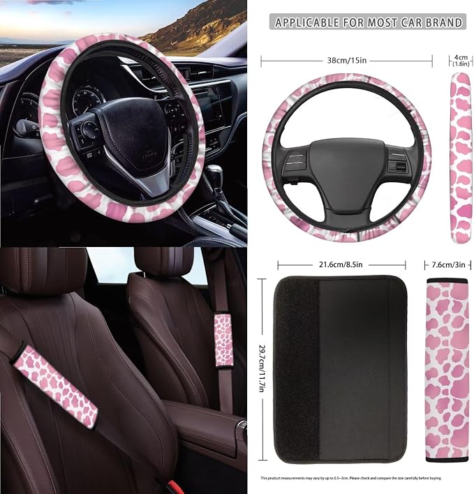 Cow Print Car Seat Covers Full Set with Steering Wheel Cover for Women Universal Auto Interior Accessories for Truck Sedan SUV Decorative Safety Belt Pads Cup Cushions, Pink