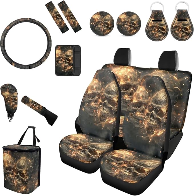 Forchrinse 15pcs Skull Fire Car Seat Covers with Steering Wheel Cover+Armrest Cover+Seatbelt Covers+Handbrake Gear Shift Cover+Keychain+Coaster+Garbage Can,Gothic Car Accessories Set