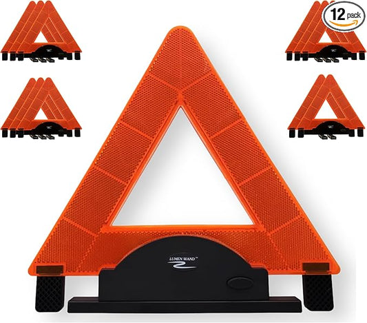 Lumen Wand Reflective Warning Triangle with LED Lights for Road Safety Metal Base | Internal LED with External Reflectors Emergency Triangle for Vehicle Breakdown Pack of 12