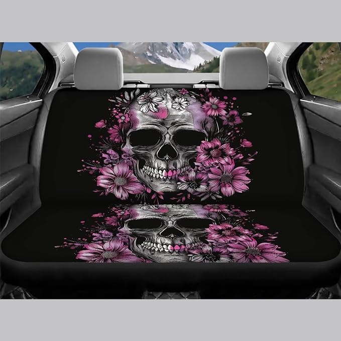 Silver Skull Pattern Auto Seat Cover Set of 13, Purple Flowers Car Front & Back Seat Cover with Steering Wheel Cover, Seat Belt Covers Cup Holder Keychain, Fit for Most Cars SUV