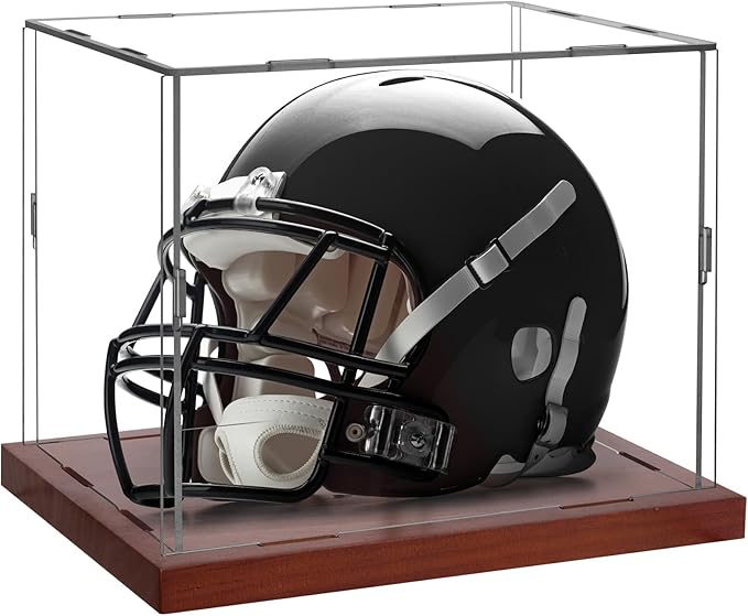 Fitense Mini Helmet Display Case - 7.1×5.3×5.9in Interior, 100% Wooden Base, Fits Football/Baseball Mini Helmets & Collectibles, High-Transparency Acrylic with UV Protection