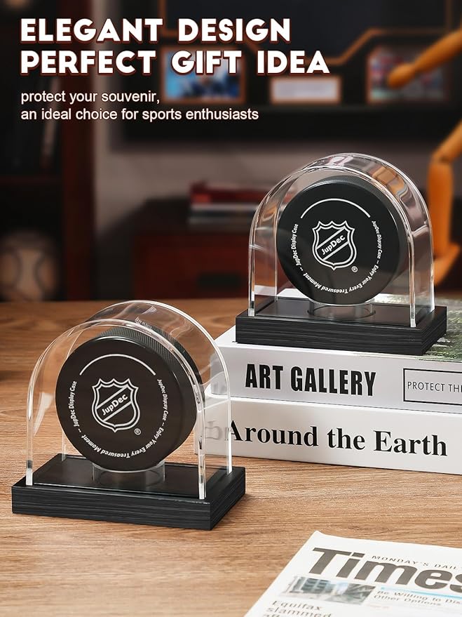 JupDec Hockey Puck and Collectibles Display Case, Premium Acrylic Clear Box Puck Holder with Mahogany Wood Base, Showcase for Autographed Souvenir Memorabilia, Collectible Figure Stand, Black