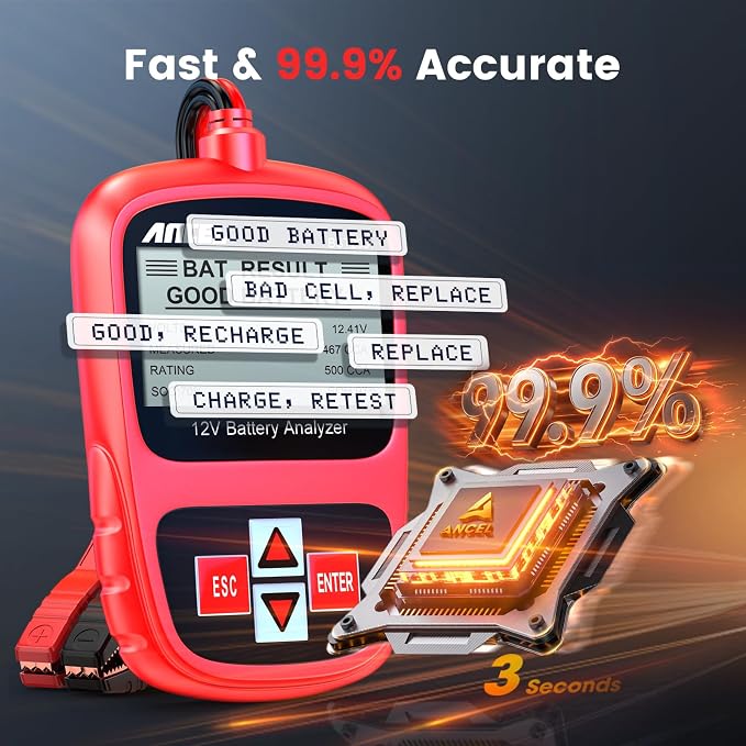 ANCEL BST200 Car Battery Tester 12V Battery Load Tester, 100-1100 CCA Automotive Digital Analyzer Tool with Upgraded Reinforced Clamps for Car Truck SUV Motorcycle Boat Marine Vehicles