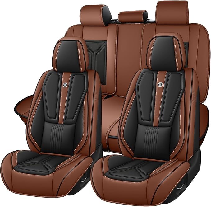 Arazi Fit for 98% of Mazda Seat Covers, 360° Full Wrap Original Seat Cover, Waterproof Nappa Leather Seat Covers with Big Space Storage Pocket Seat Protector（5 Seats Standard, Black&Brown）