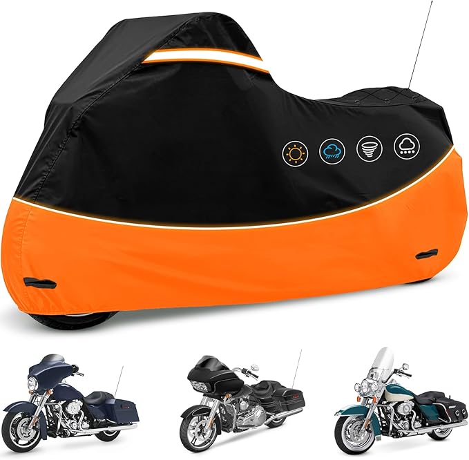Heavy Duty Motorcycle Cover Waterproof Outdoor Storage - Road King Glide Street Glide Heritage Classic for Low Riders and Most Motorcycles(Black&Orange)
